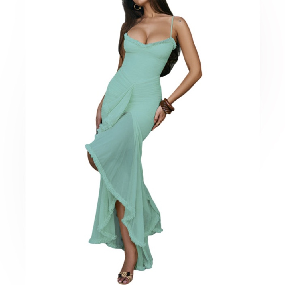 🫧Vivianixa Spaghetti Strap Mesh Dress with Ruffle Front Slit🫧 ~Medium NWOT